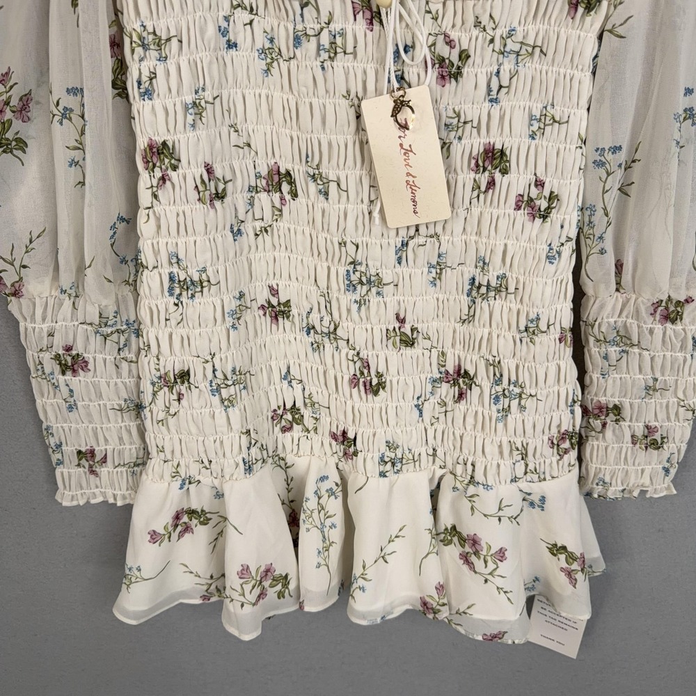 For Love & Lemons Dress Womens Medium White Floral Smocked Mini Puff Sleeve NWT - Picture 4 of 14